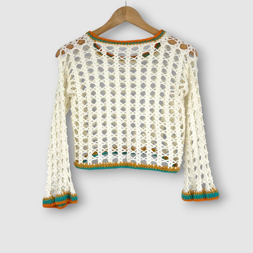 Vintage Hand Crochet Open Weave Cropped Sweater Ivory Size Small - Picture 3 of 5